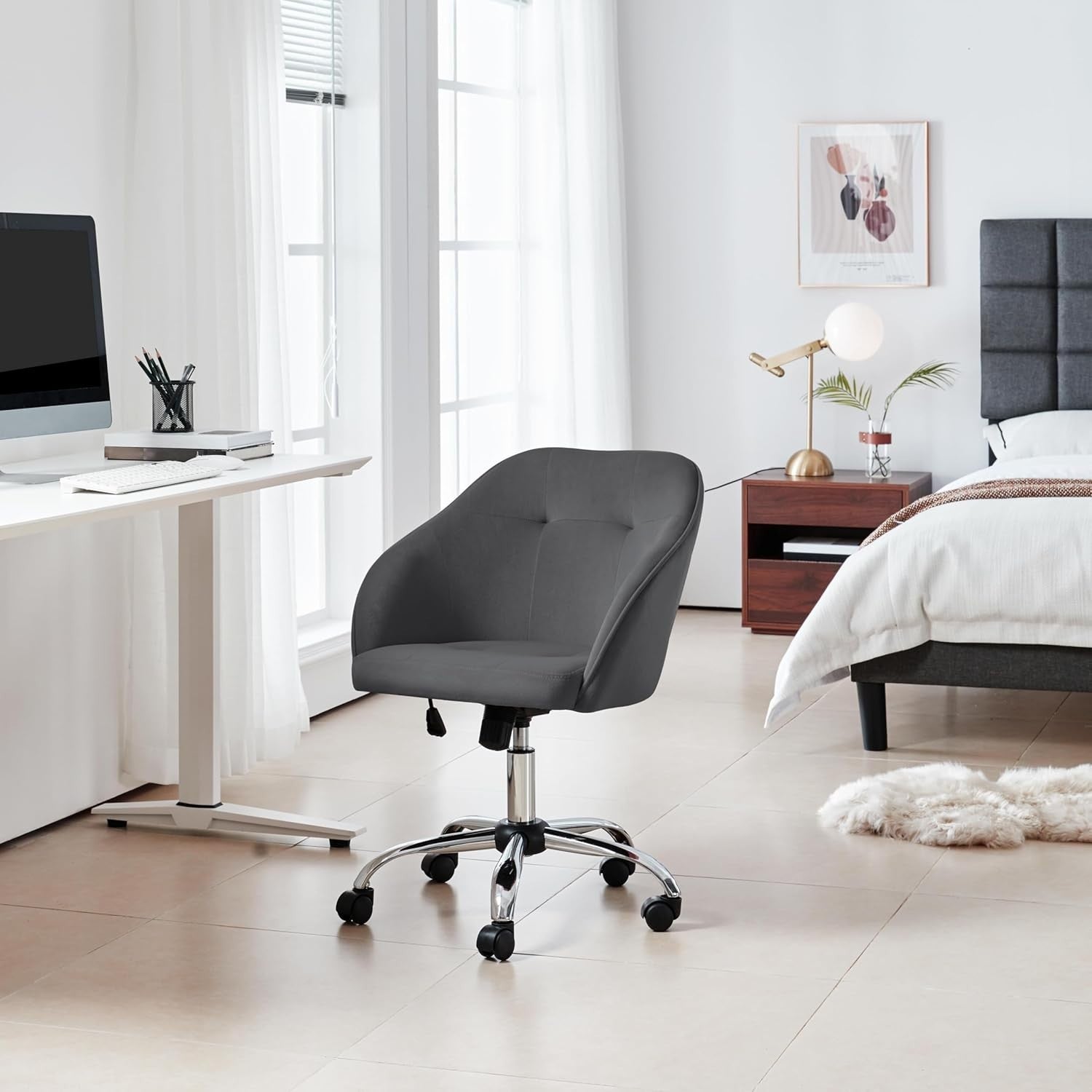 Ergonomic Grey Velvet Office Desk Chair Swivel Adjustable Height Home Armchair