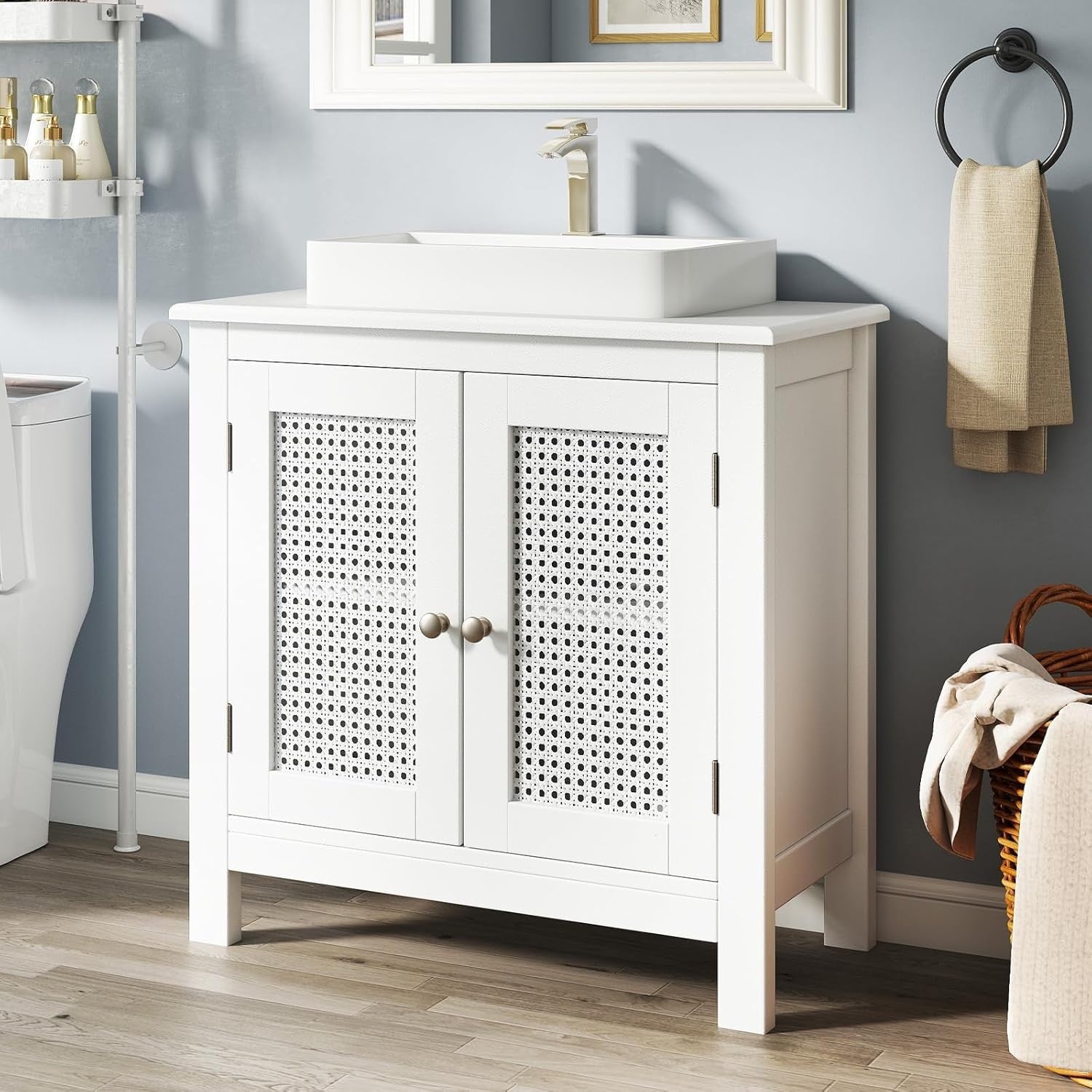 White Under Sink Bathroom Cabinet with Rattan Doors – Freestanding Storage Unit