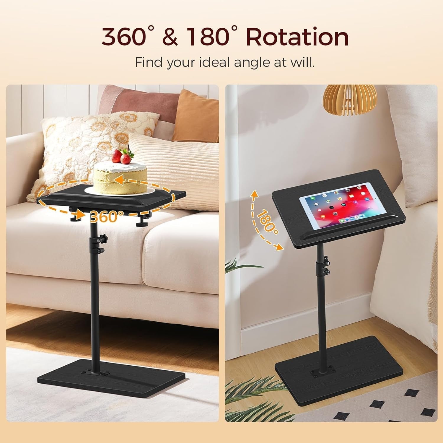 Adjustable 360° Rotating C-Shaped Side Table with Tilt Top & Device Slot
