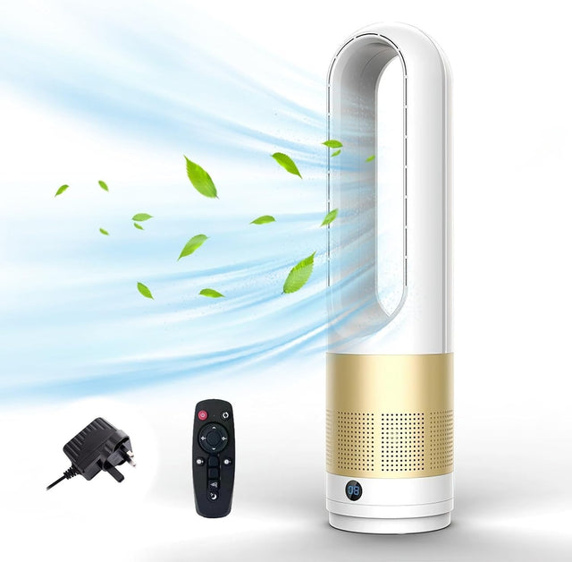56cm Tower Fan Gold Bladeless Cooling Fan w/ Remote – 8H Timer & Air Purifier
