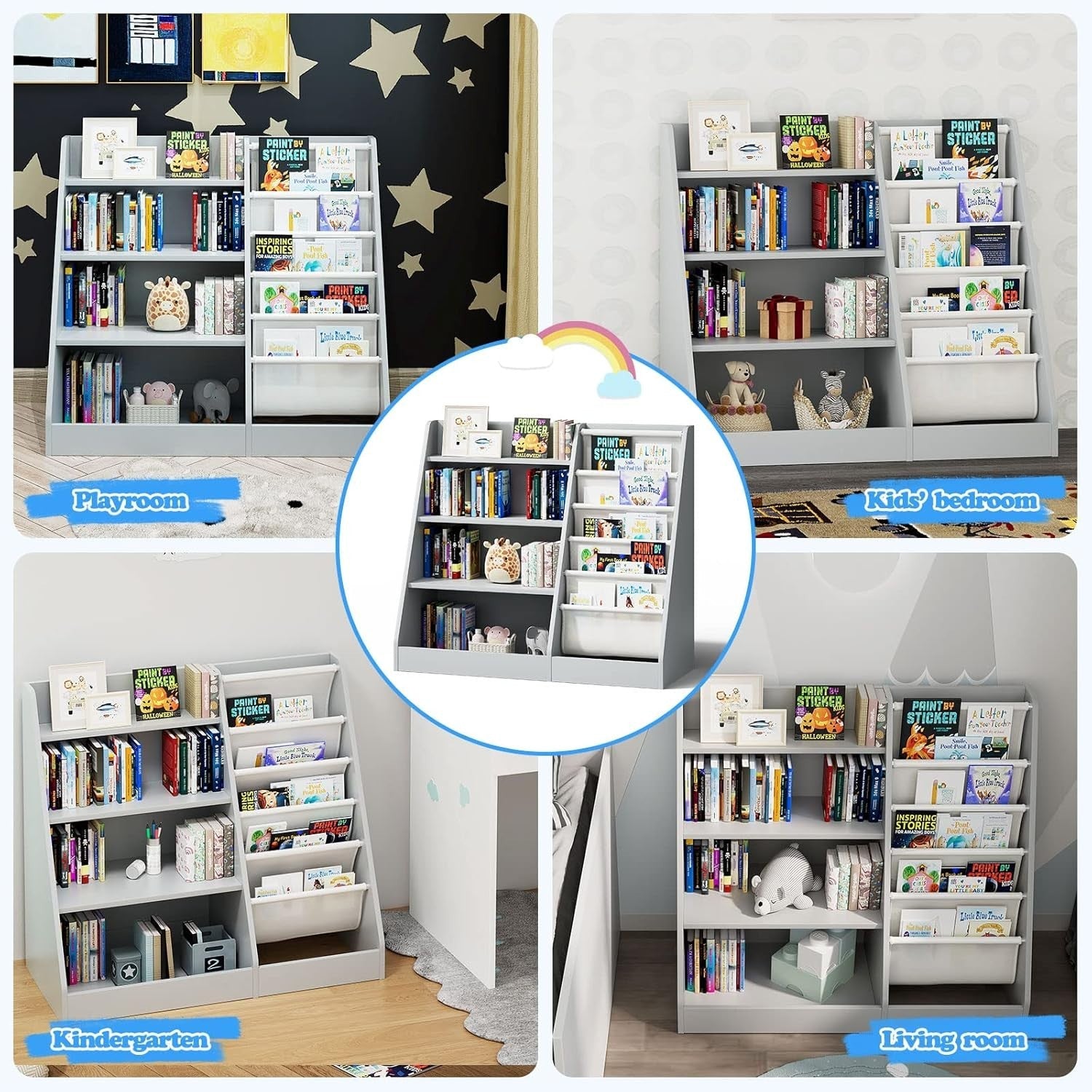 Kids Bookshelf with 5 Sling Pockets & 4 Shelves – Wooden Toy Organizer