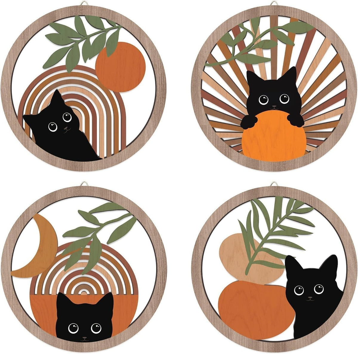 Boho Black Cat Wall Art 4pcs 10"x10" Farmhouse Hanging Decor