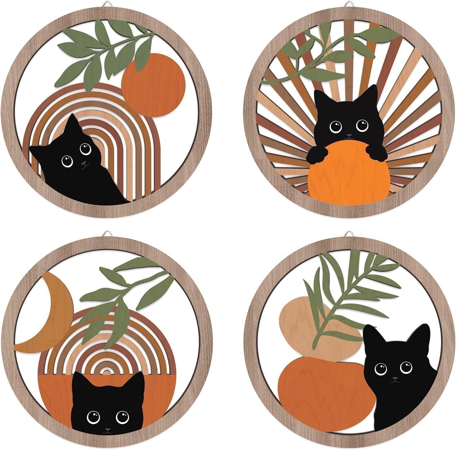Boho Black Cat Wall Art 4pcs 10"x10" Farmhouse Hanging Decor