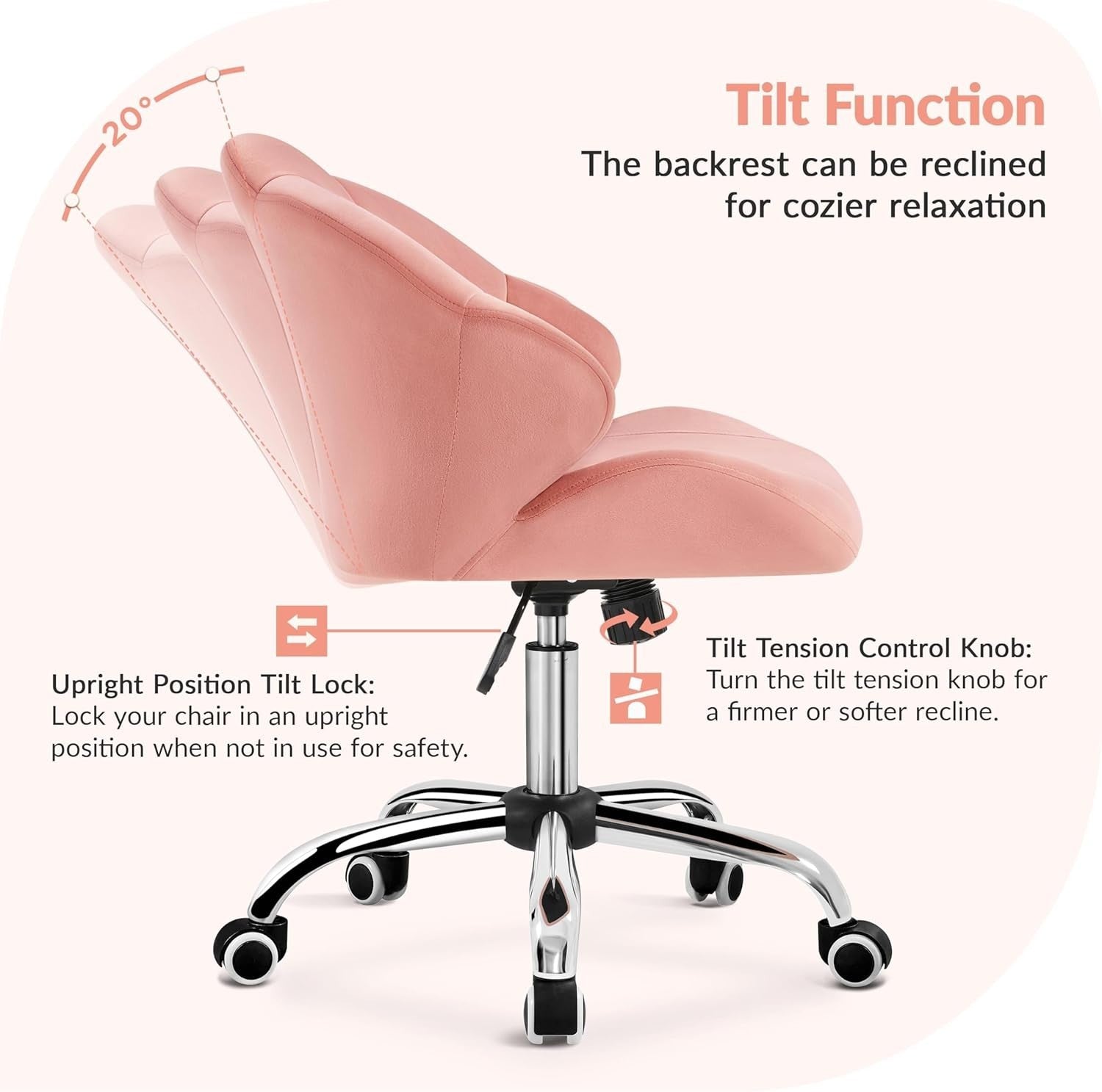 Pink Velvet Shell Back Swivel Vanity Chair w/ Wheels Adjustable Desk Seat