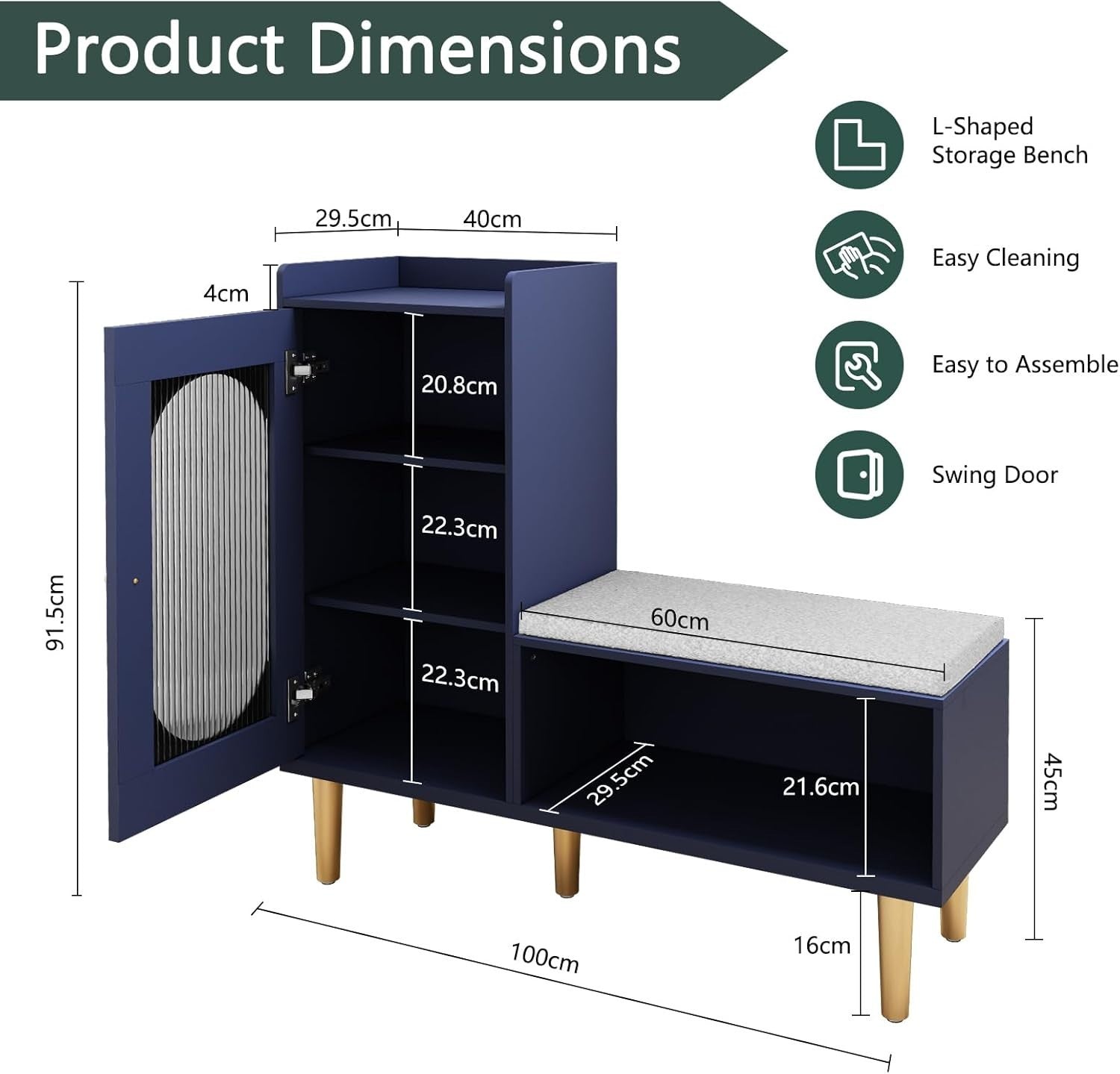 L-Shaped Shoe Storage Bench with Cushion Glass Doors 100×30×92 cm