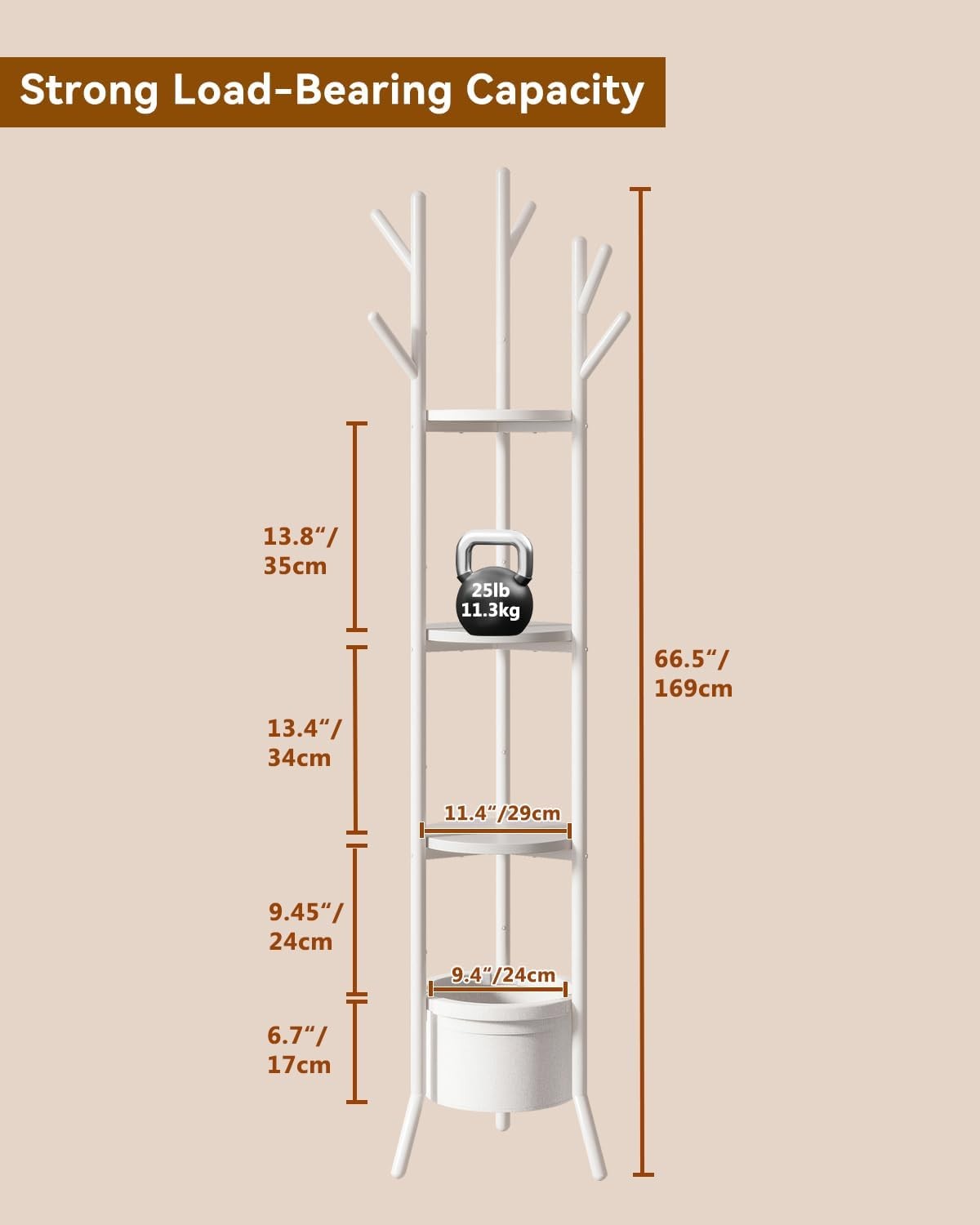 White Freestanding Coat Rack with Shelves | 169cm Metal Hall Tree Stand