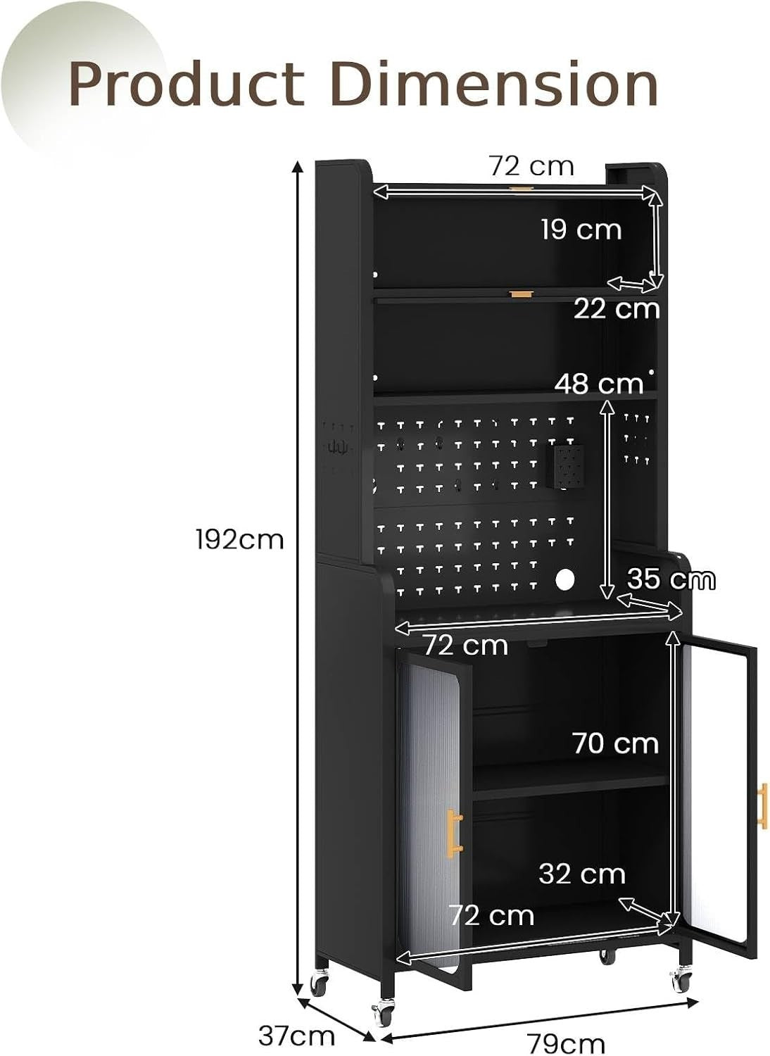 79x37x192cm Black 6-Tier Rolling Kitchen Cabinet with Flip Doors & Wheels