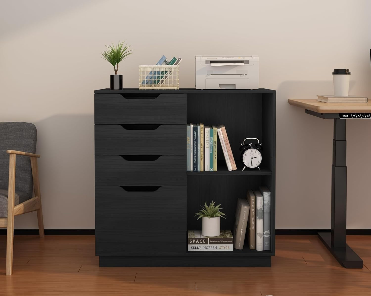 Black 4 Drawer Lateral File Cabinet A4 Letter Printer Stand Storage
