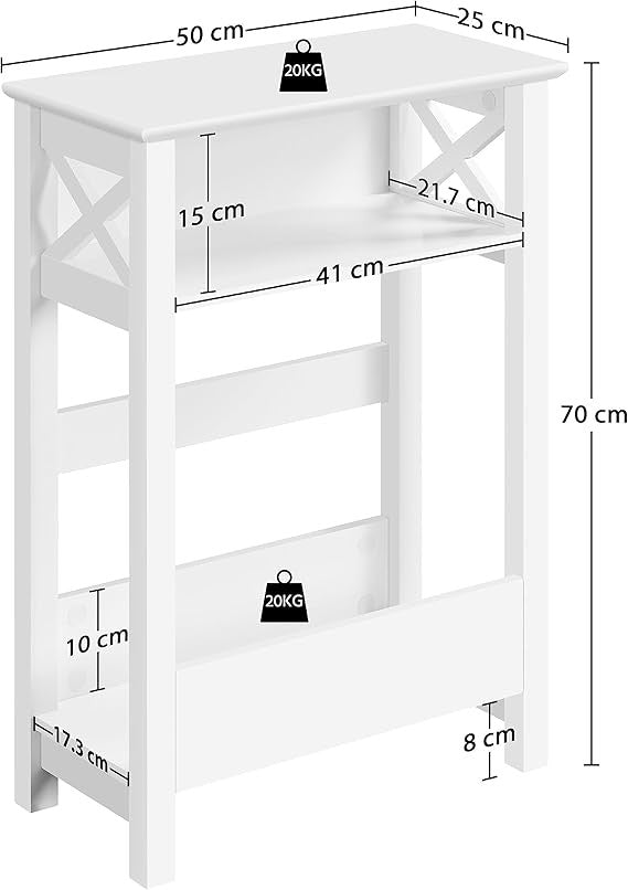 Slim White Side Table with Storage Shelf & Magazine Rack | 70cm Narrow Bedside