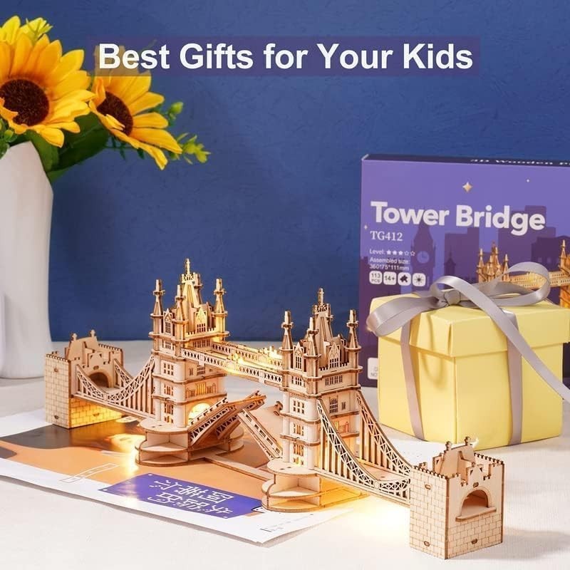 3D Wooden Tower Bridge Model Kit LED Light DIY Puzzle Gift for Adults