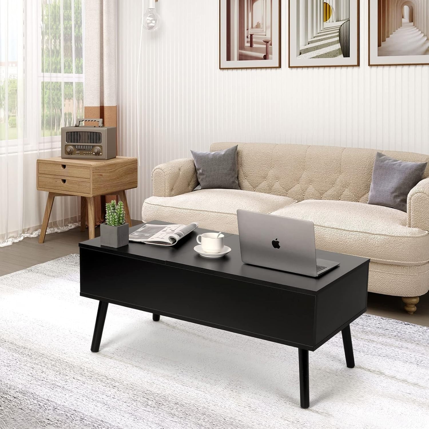 Black Lift Top Coffee Table with Hidden Storage & Dual Work Surfaces