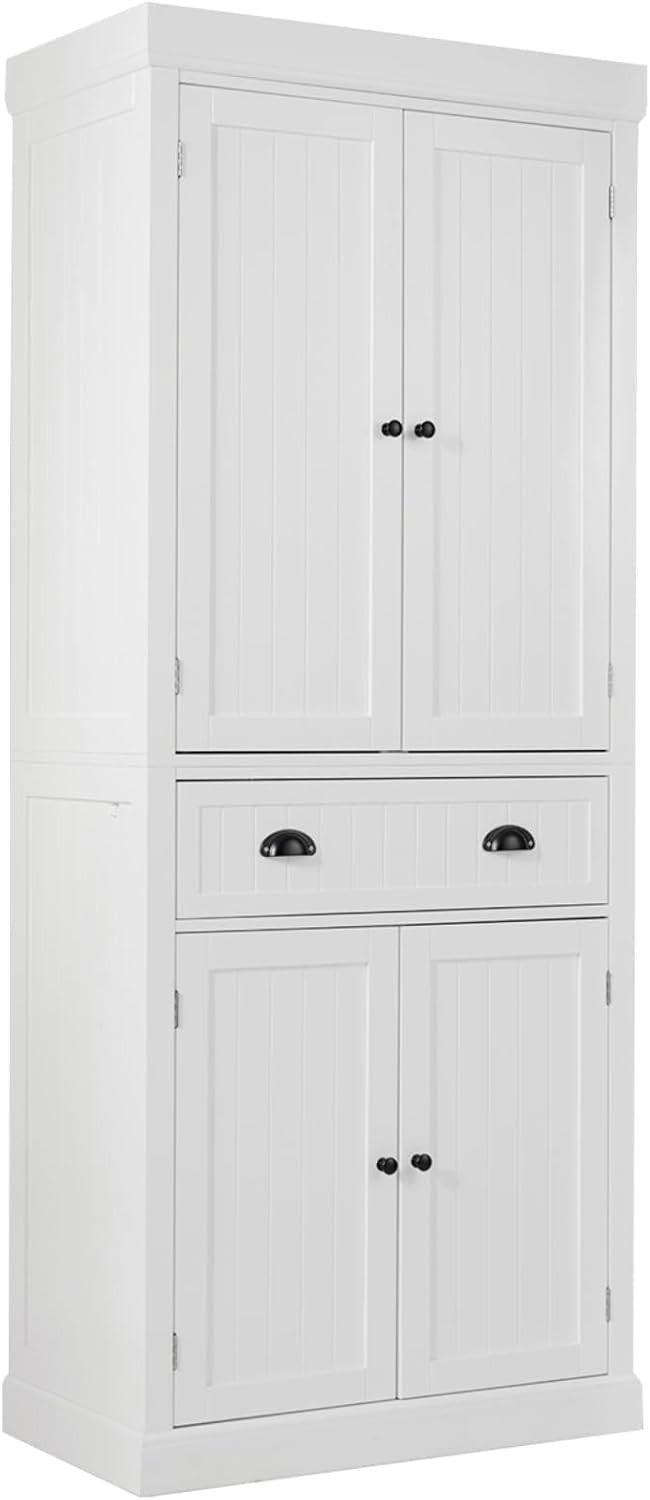 Tall White Kitchen Cupboard 4 Door Storage Cabinet with Drawer & Shelves