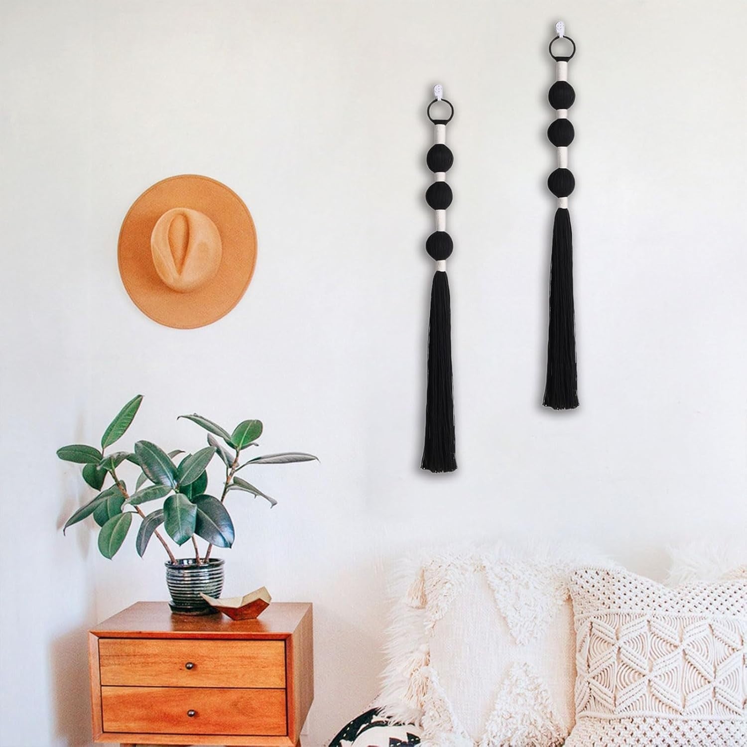 Black Boho Macrame Wall Hanging 5x70cm Cotton Tapestry Decor