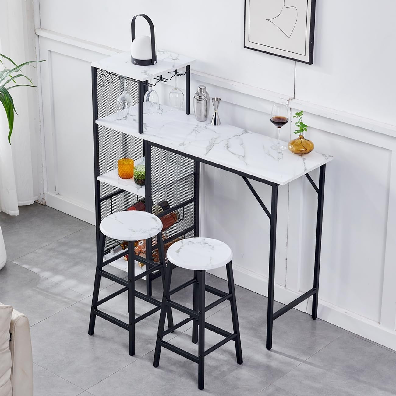 3 Piece Bar Table Set Wine Rack Shelves & 2 Stools White Marble Dining Furniture