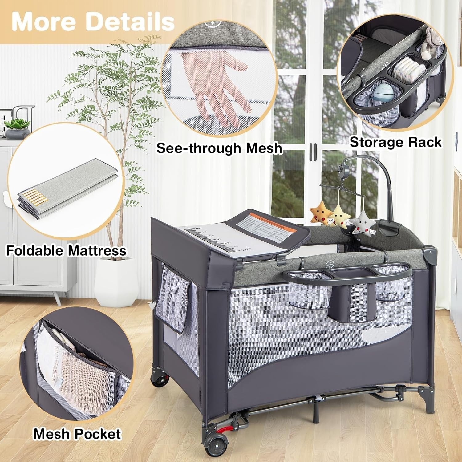 5in1 Travel Cot Baby Bedside Foldable Crib Bassinet Portable Playard Grey