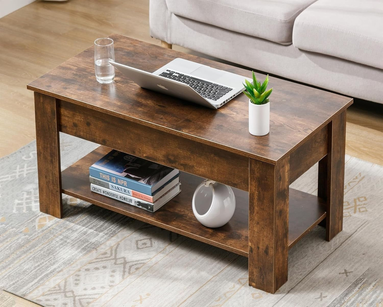 Lift Top Coffee Table with Storage Rustic Brown, Large Hidden Compartment 100x50