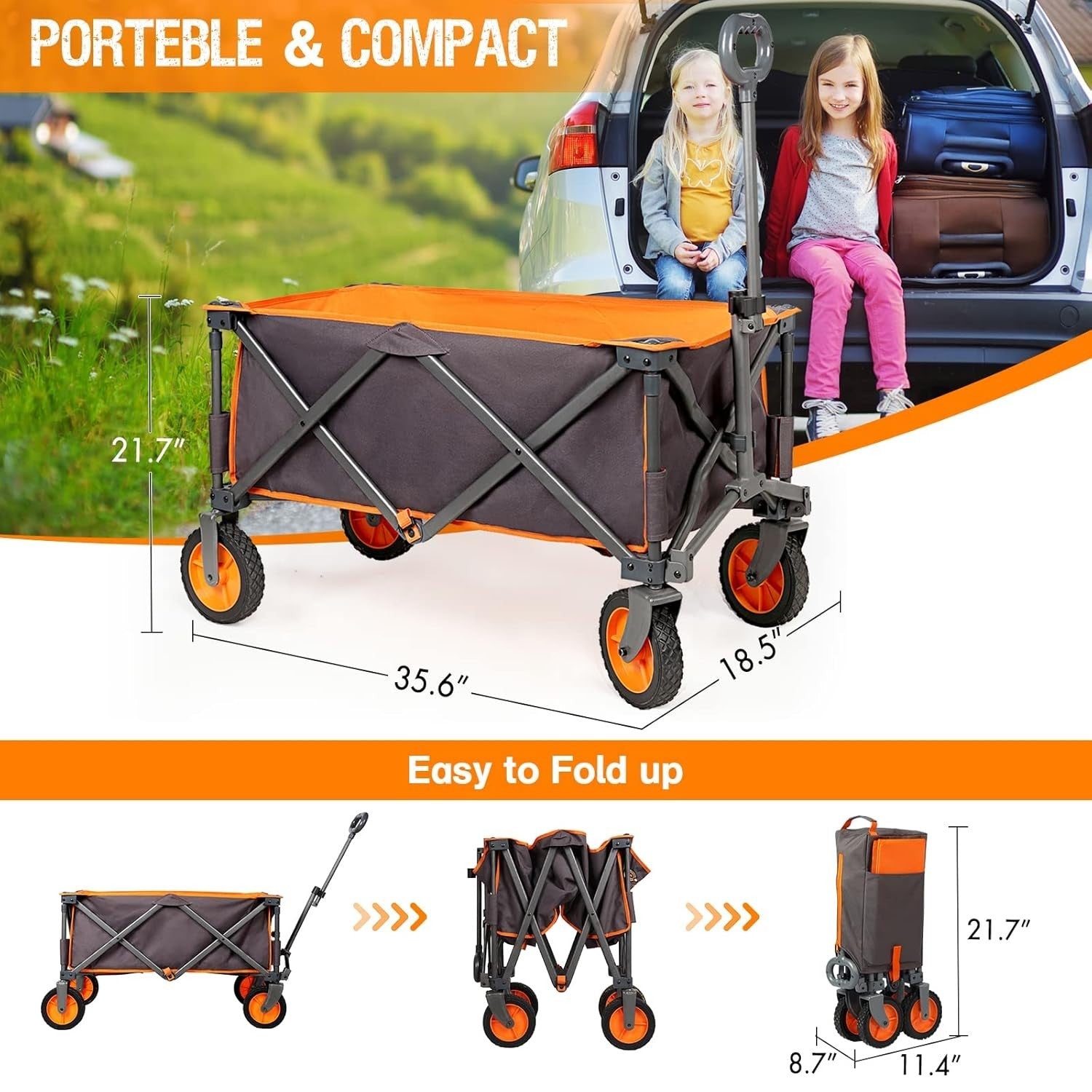 Dark Grey Folding Utility Wagon Heavy Duty Outdoor Trolley Cart 225lbs Capacity