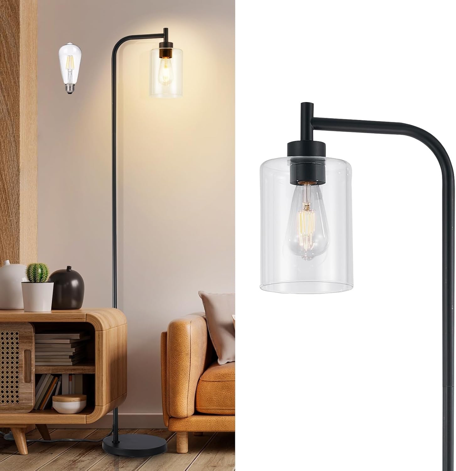 Tall Floor Lamp Industrial Black Seeded Glass E27 LED Modern Corner Light