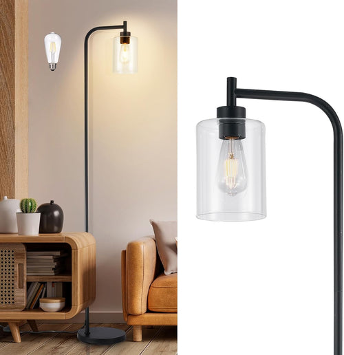 Tall Floor Lamp Industrial Black Seeded Glass E27 LED Modern Corner Light