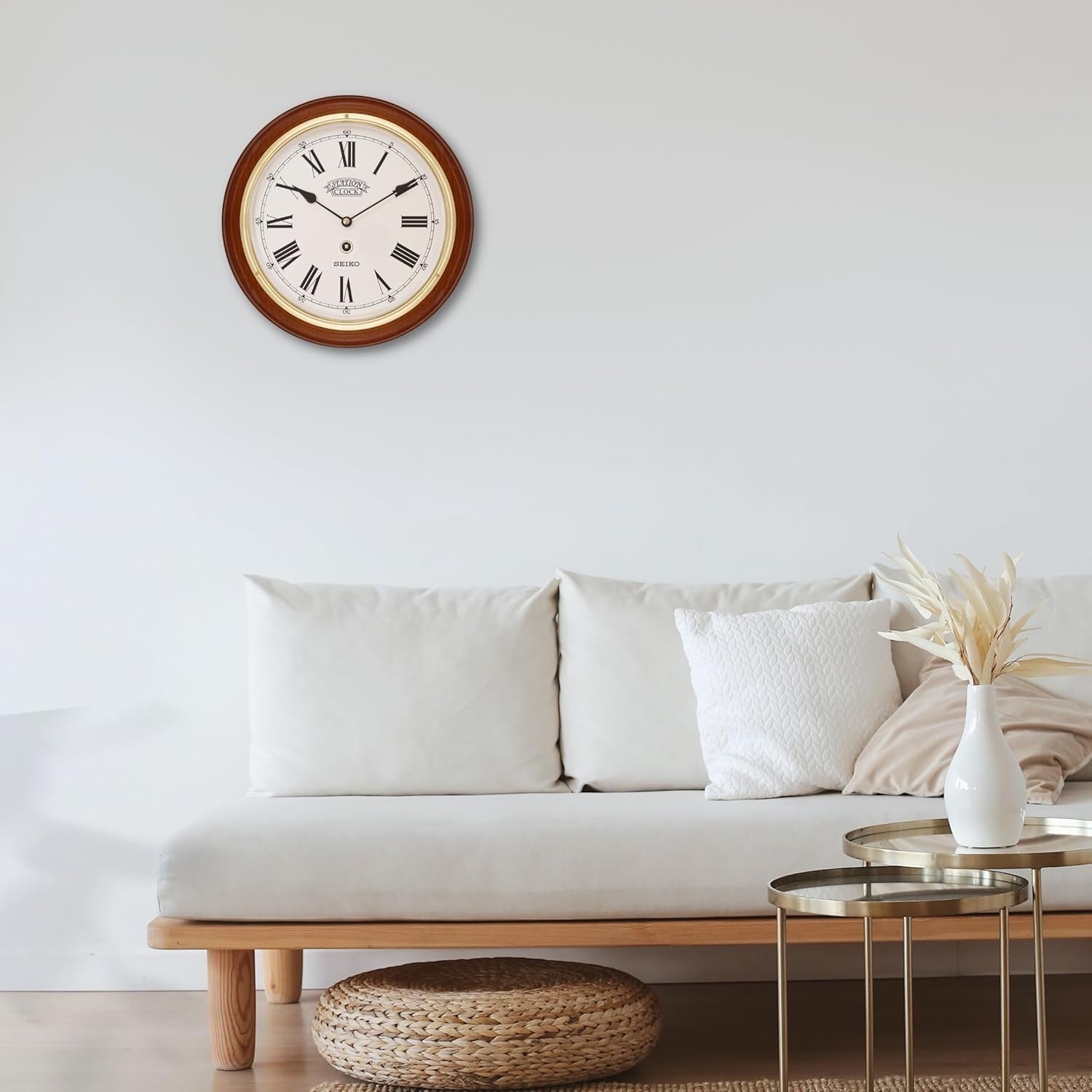 Luxury Gold Bezel Wooden Wall Clock Quartz Roman Dial Silent 12" Decor