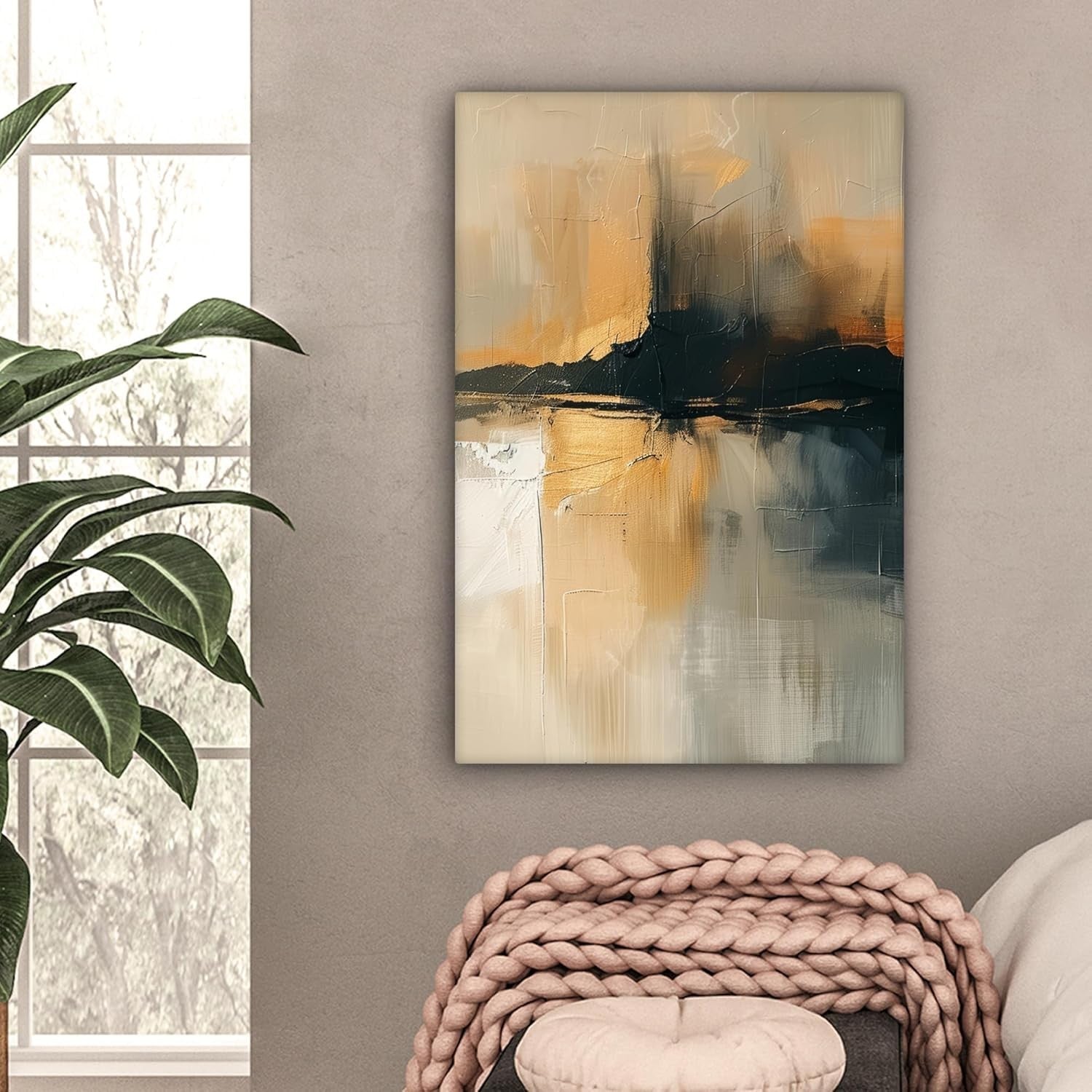 Abstract Canvas Wall Art 40x60cm Modern Beige Black Living Room Decor
