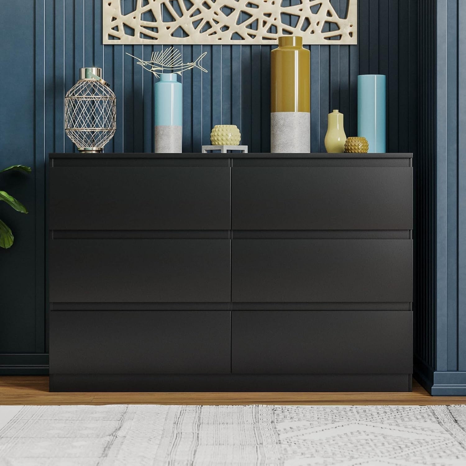 Modern 6 Drawer Chest Black Wood Storage Unit Bedroom Living Room