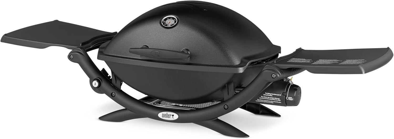 Portable Gas BBQ Grill with Cast Iron Cooking Grate | Fold-Out Tables