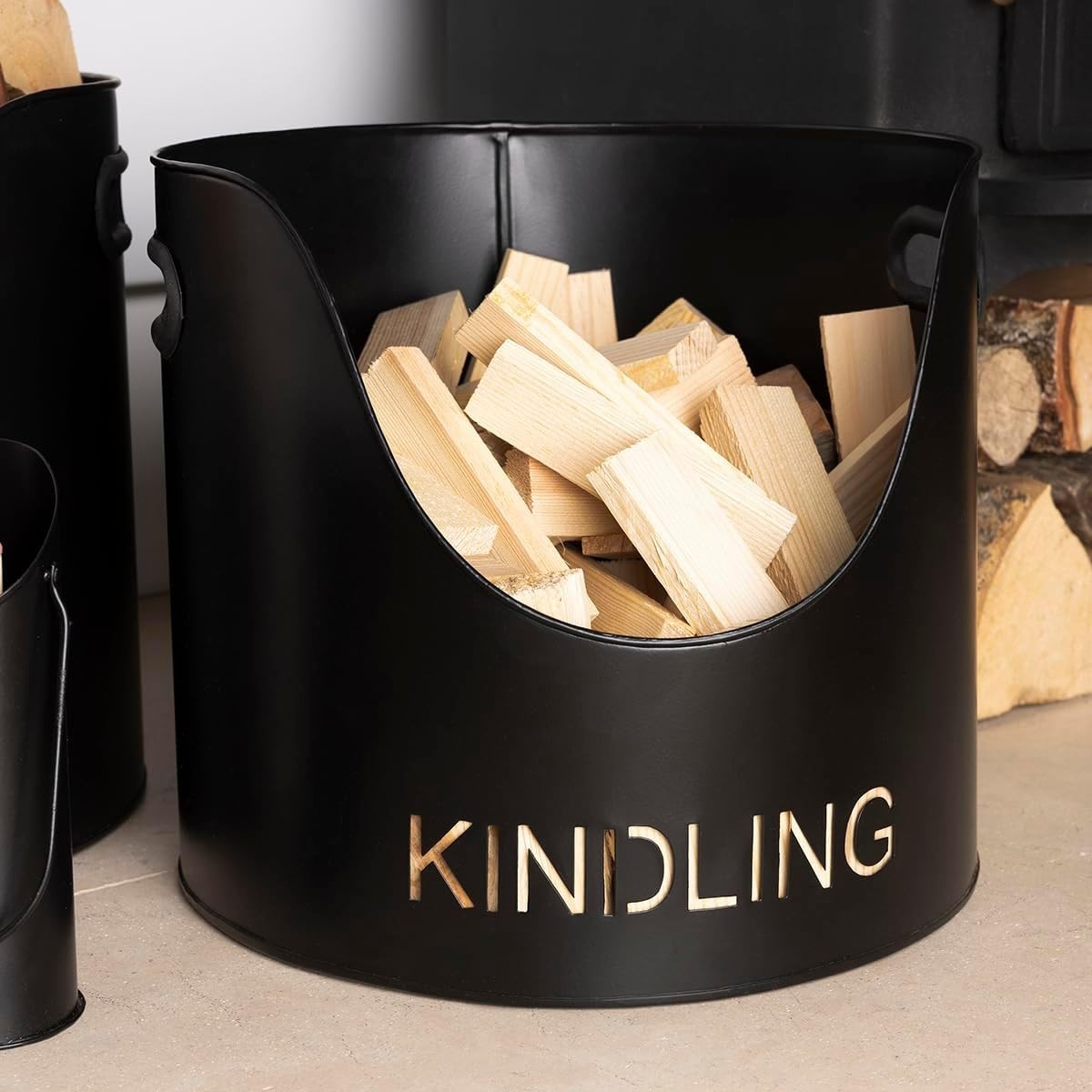 Wood Buckets & Matchstick Holder Fireside Set – Durable Metal, Modern Style