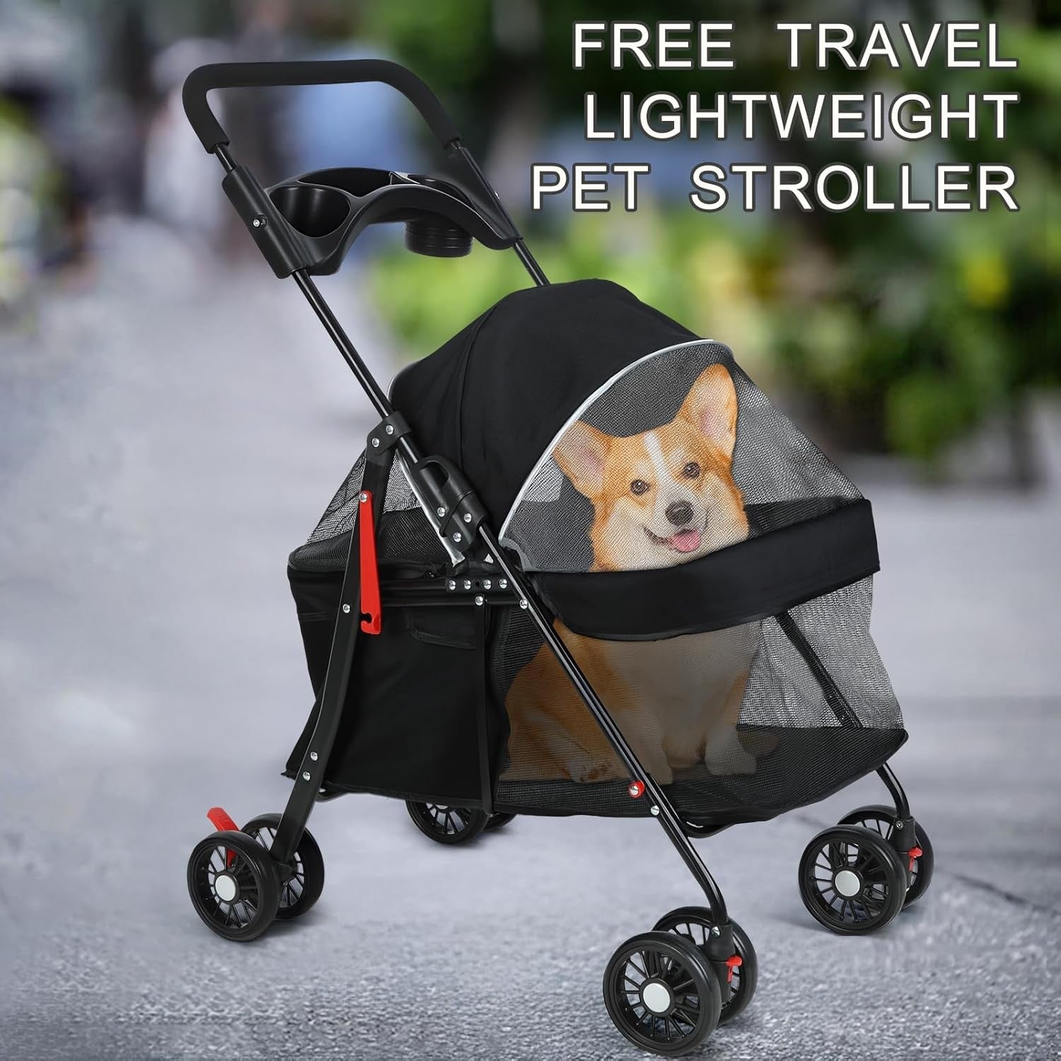 Pet Stroller for Dogs & Cats 4 Wheel Foldable Travel Pram Brake Mesh