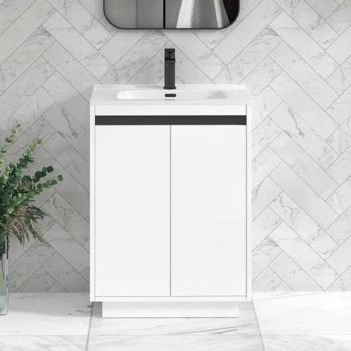 600mm Matte White Floor Standing Vanity Unit with Basin Sink 2 Door Cabinet