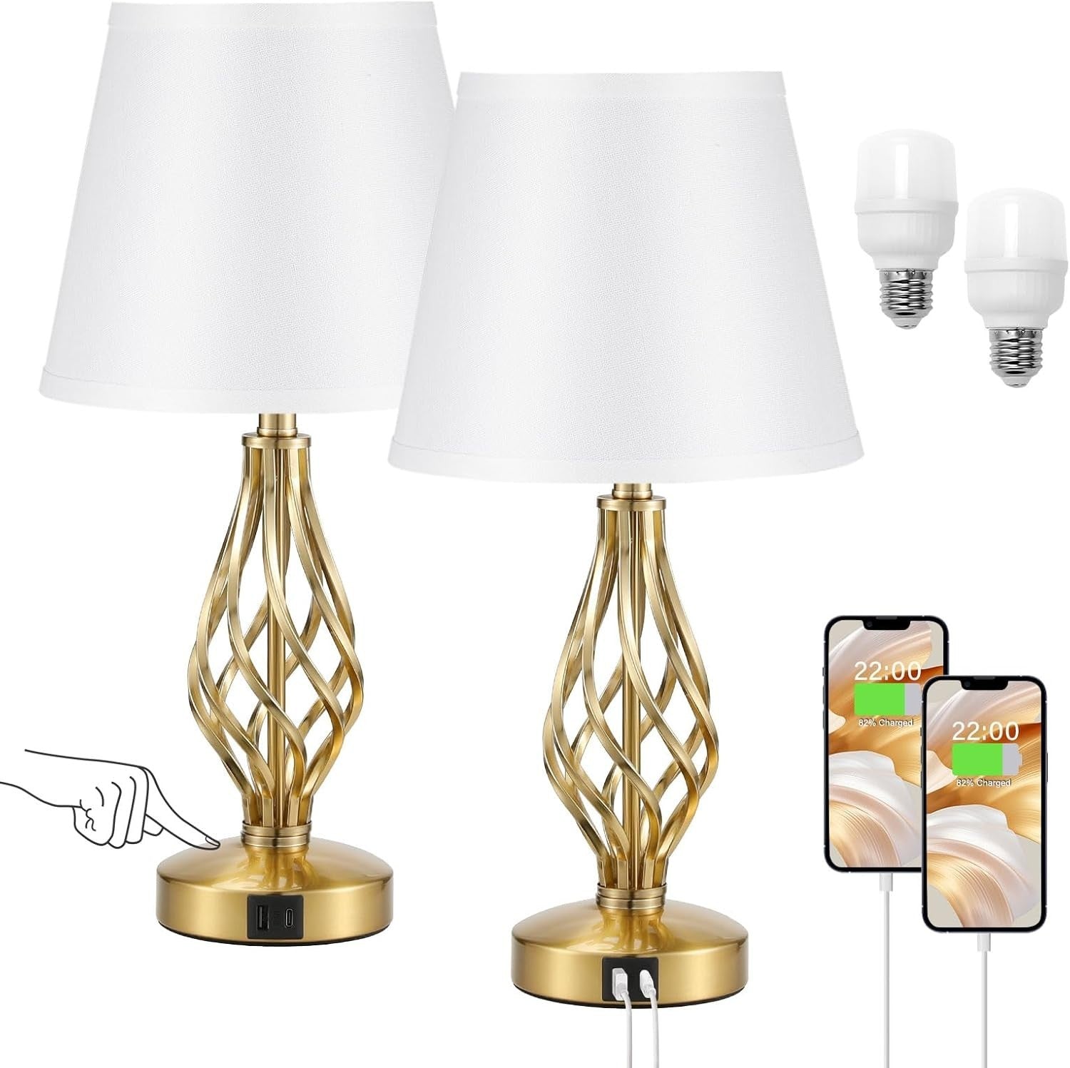 Gold Bedside Lamps Set of 2 USB Charging 3-Way Touch White Shade 47cm
