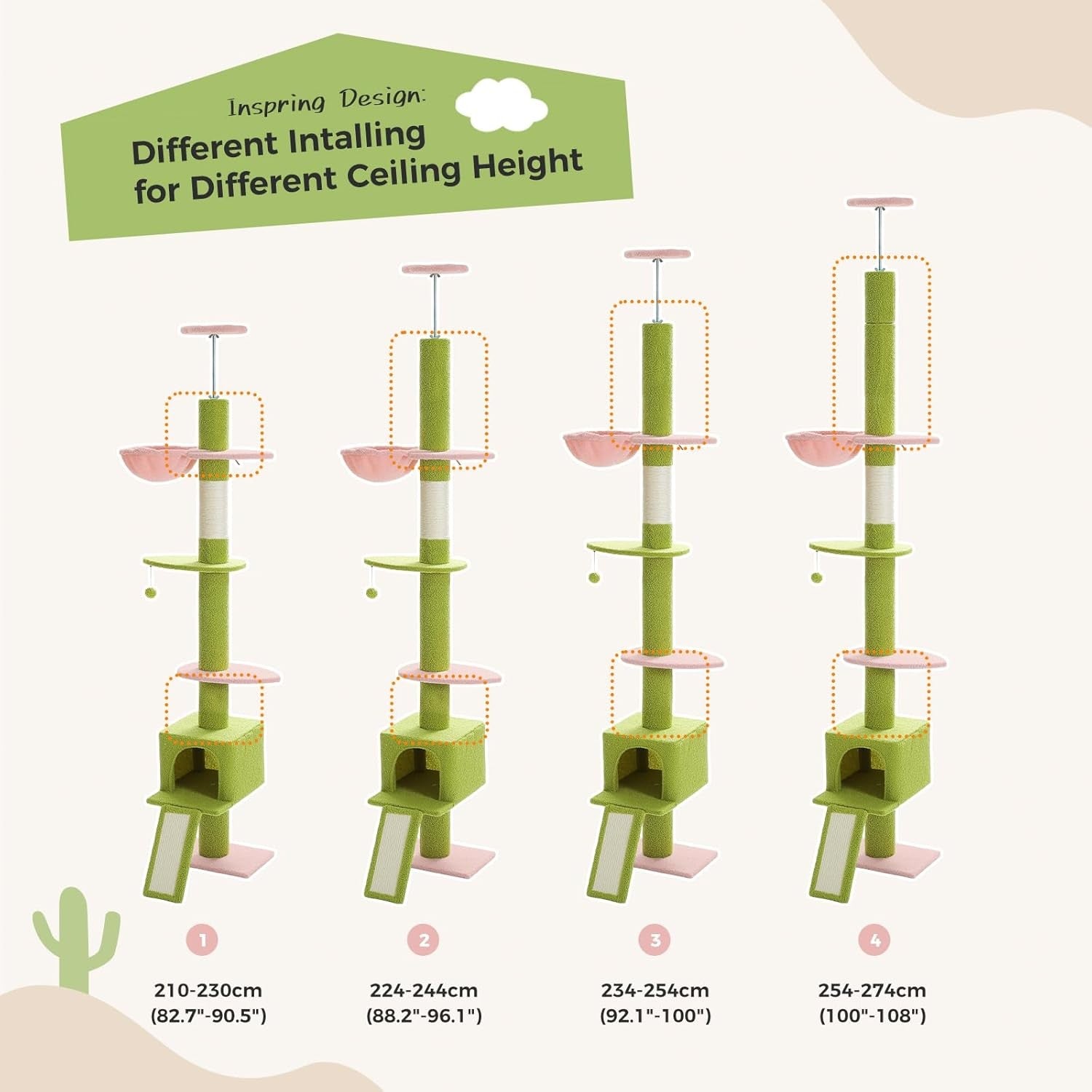 Floor to Ceiling Cat Tree Adjustable 216–273cm Tower Hammock Scratcher