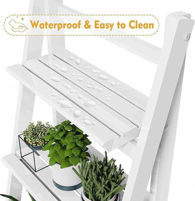 4 Tier Wooden Ladder Plant Stand Foldable Display Shelf Indoor Outdoor White