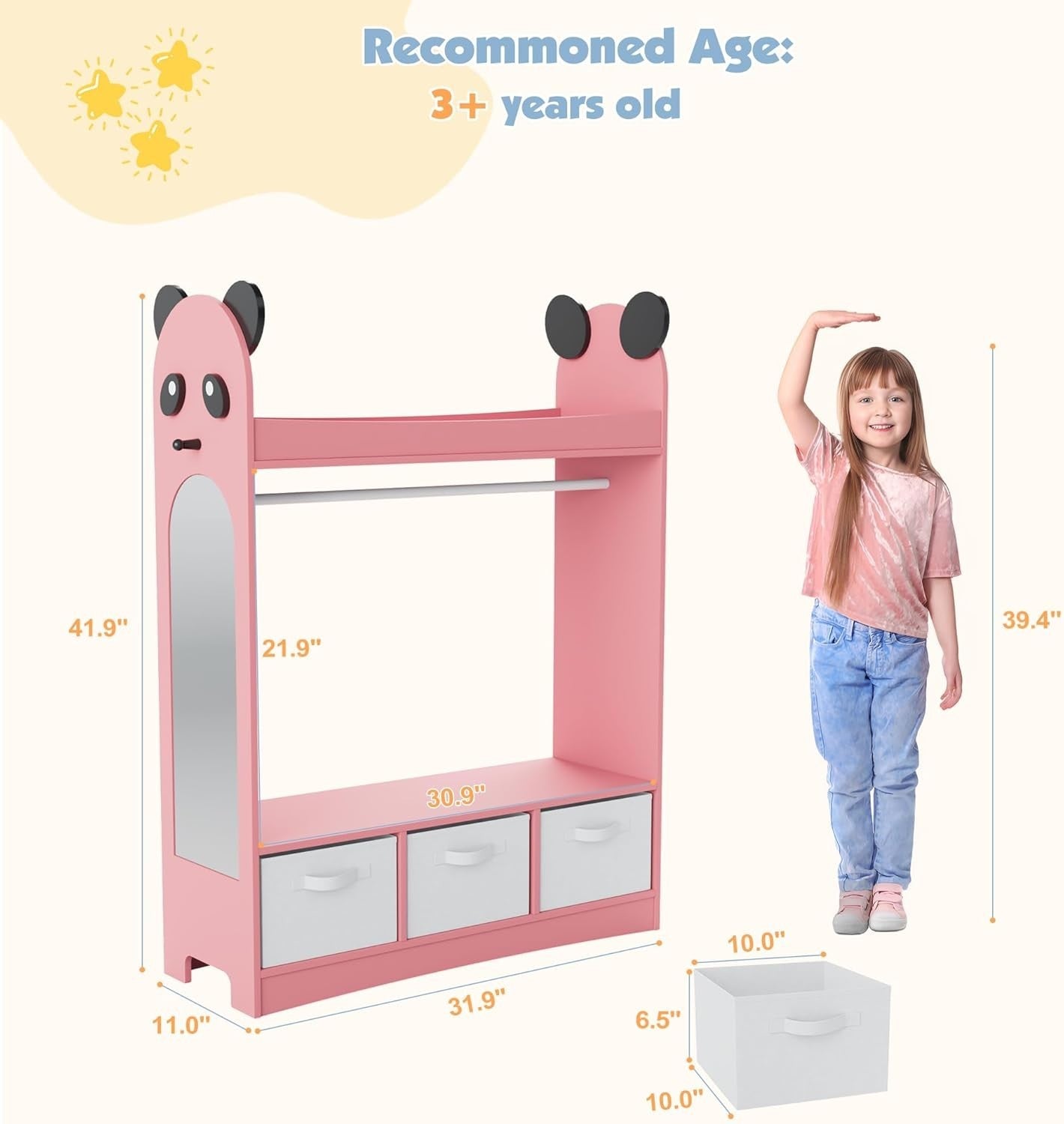 Kids Wardrobe with Mirror & 3 Drawers, Pink Panda Design, Storage & Hanging Rail