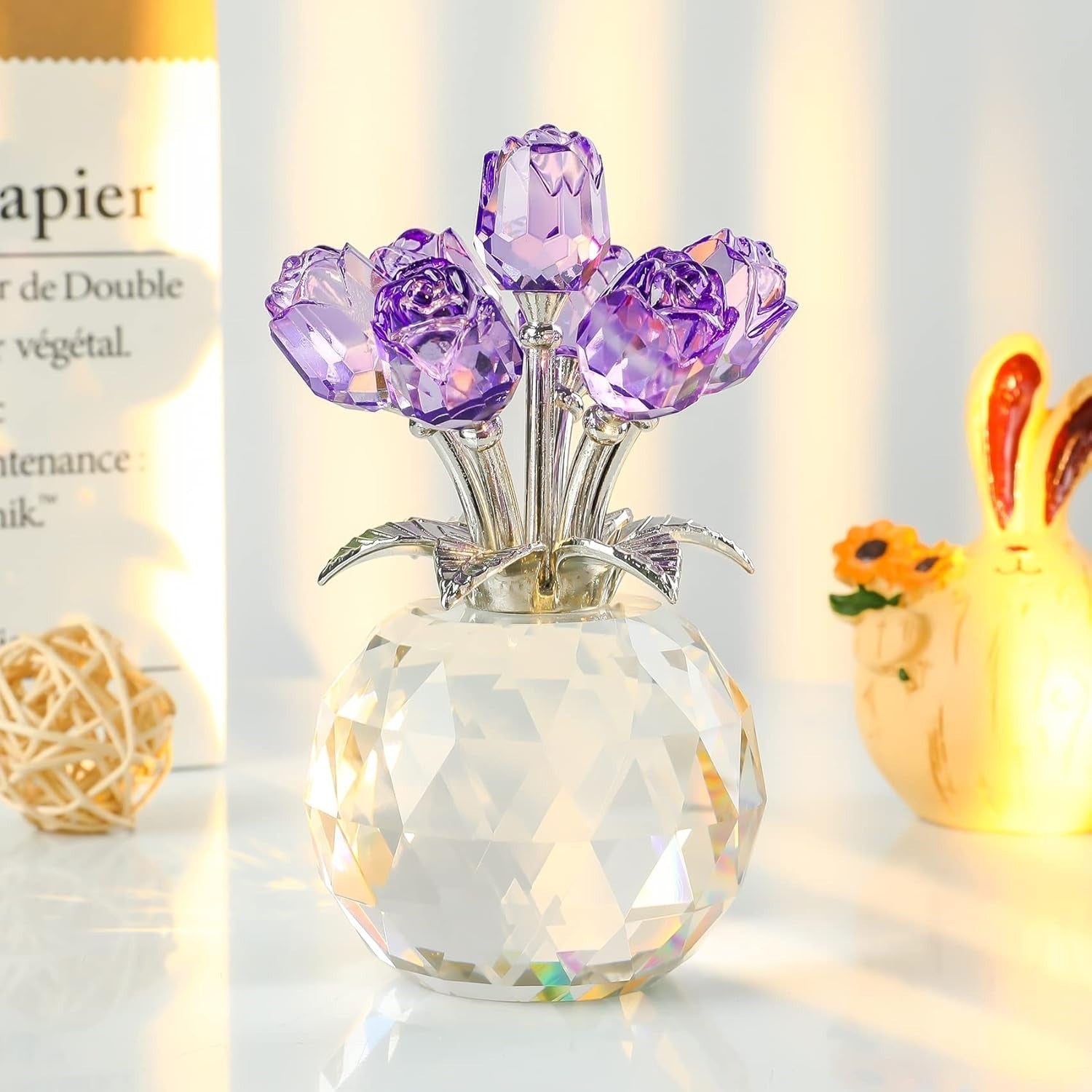 Purple Crystal Rose Bouquet Ornament Gift for Women Birthday Valentine