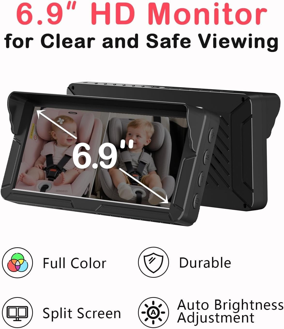 Dual Baby Car Camera 6.9" HD Split Screen Night Vision Rear Seat Monitor
