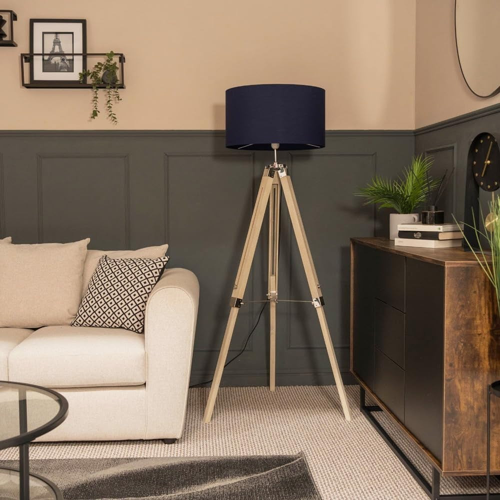 Modern Tripod Floor Lamp with Navy Drum Shade, Wood & Chrome, 154cm
