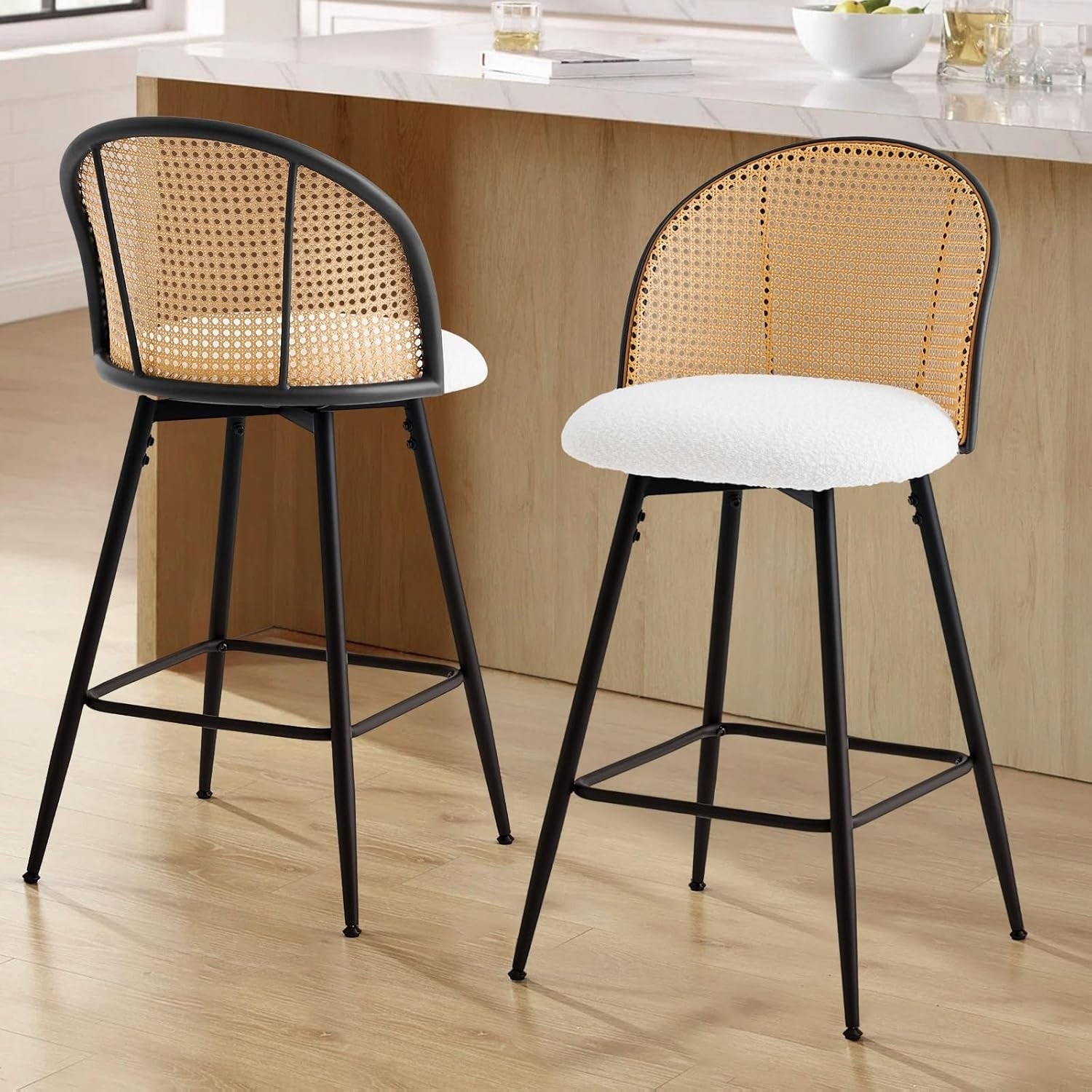 White Swivel Kitchen Counter Stools Pair Upholstered Rattan Back Island Seats