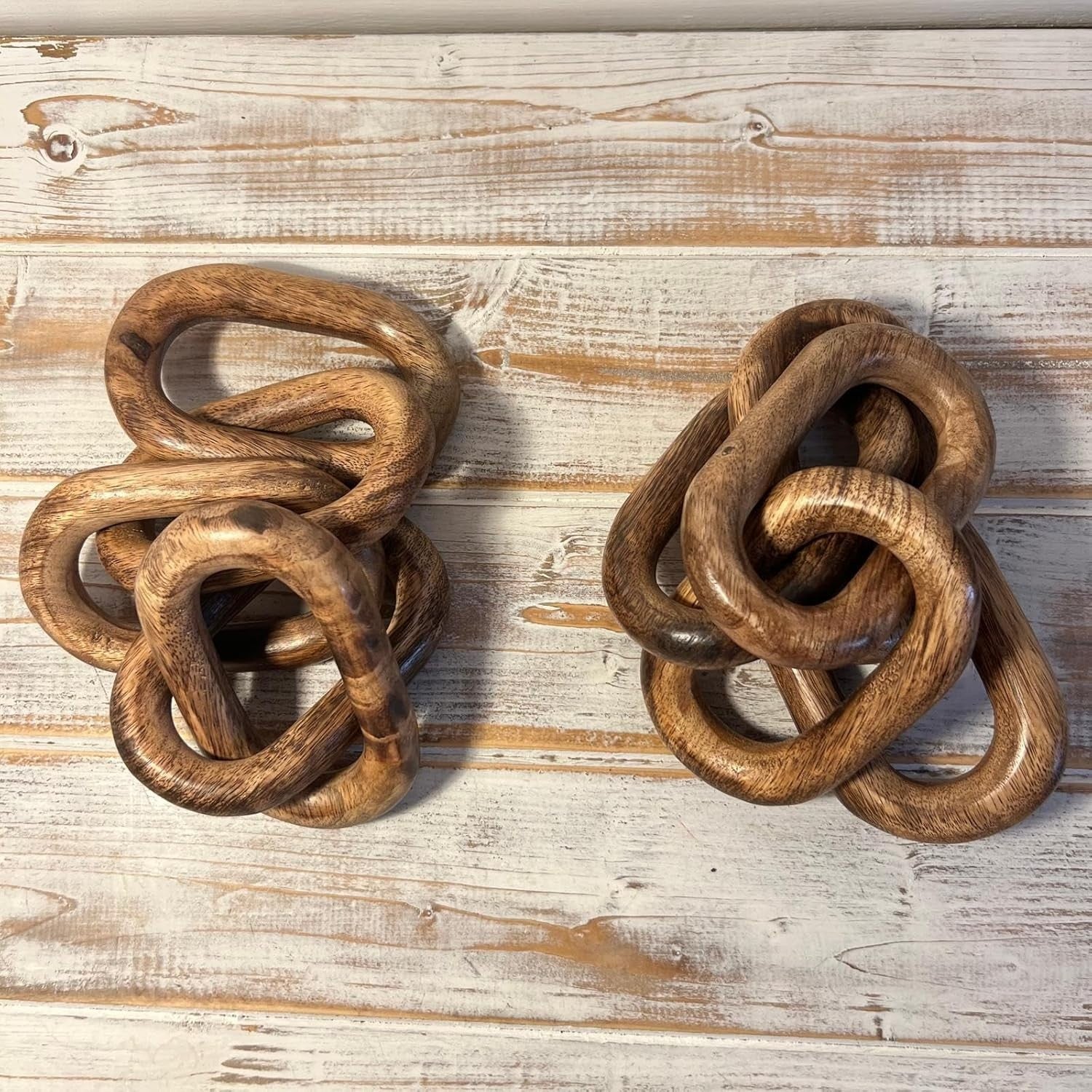 Rustic Wooden Chain Ornaments Set of 2 | 5-Link Wood Decor | Shelf Mantel Table