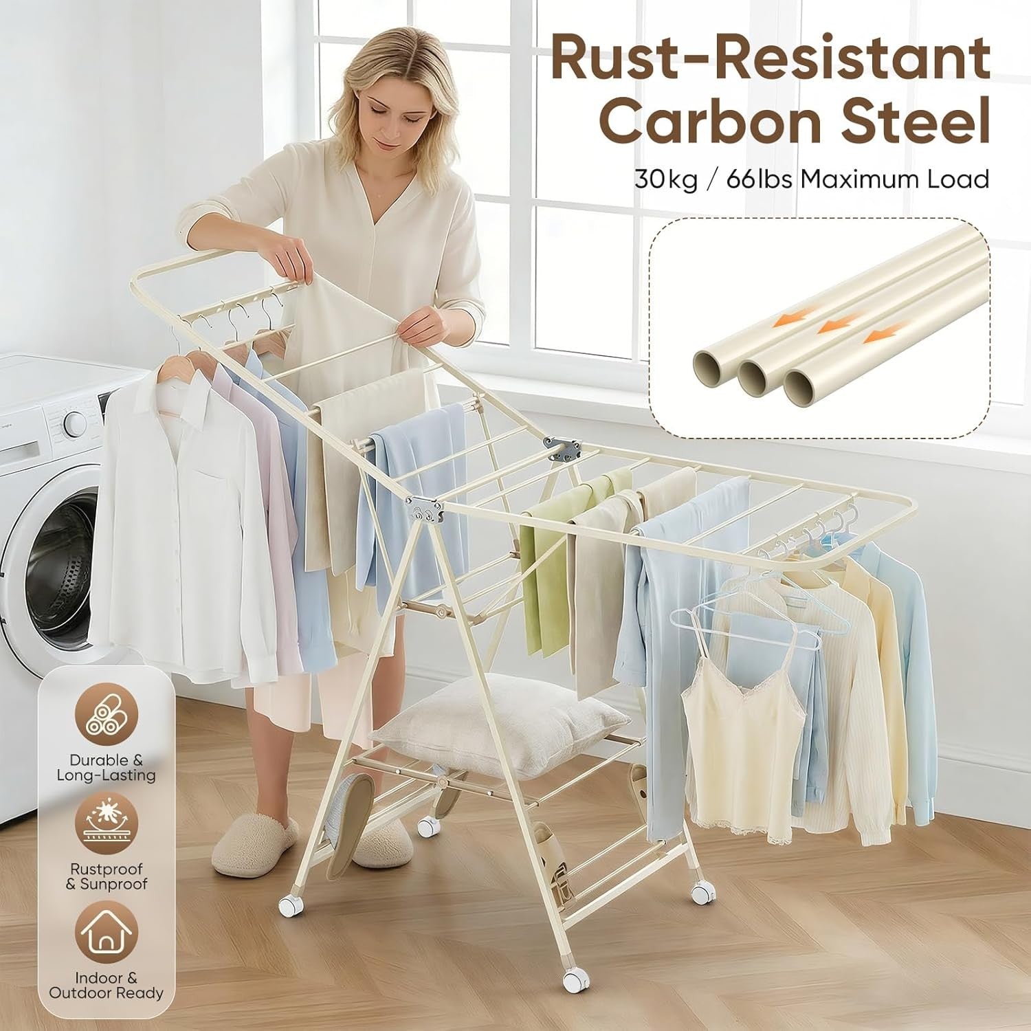 3 Tier Clothes Airer Foldable Drying Rack Wheeled Indoor Outdoor Laundry Horse