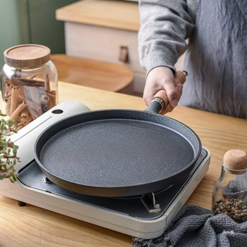 26cm Cast Iron Crepe Pan, Heavy Duty Non Stick Griddle with Wooden Handle