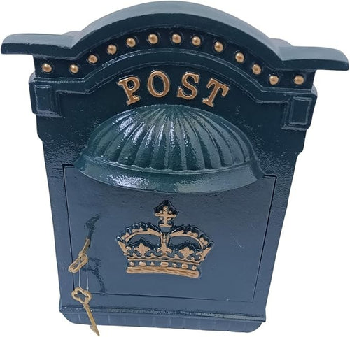 Vintage Cast Iron Wall Post Box Green Gold Lettering Lockable Secure Mailbox