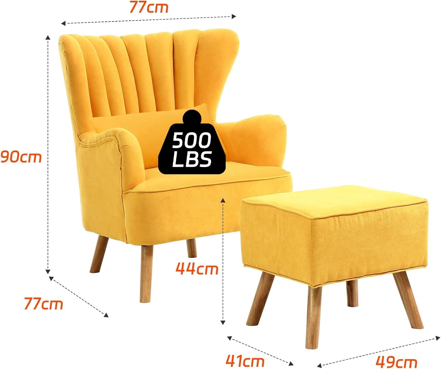 Yellow Linen Wingback Tub Chair with Footstool, Wooden Legs, Lounge Sofa