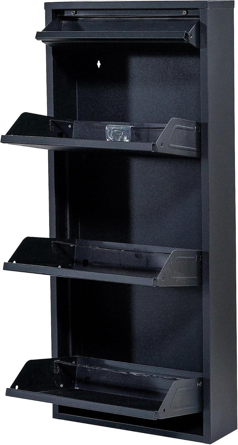 Slim Wall Mounted Shoe Cabinet 3+1 Drawer Metal Storage Organizer Black 114cm
