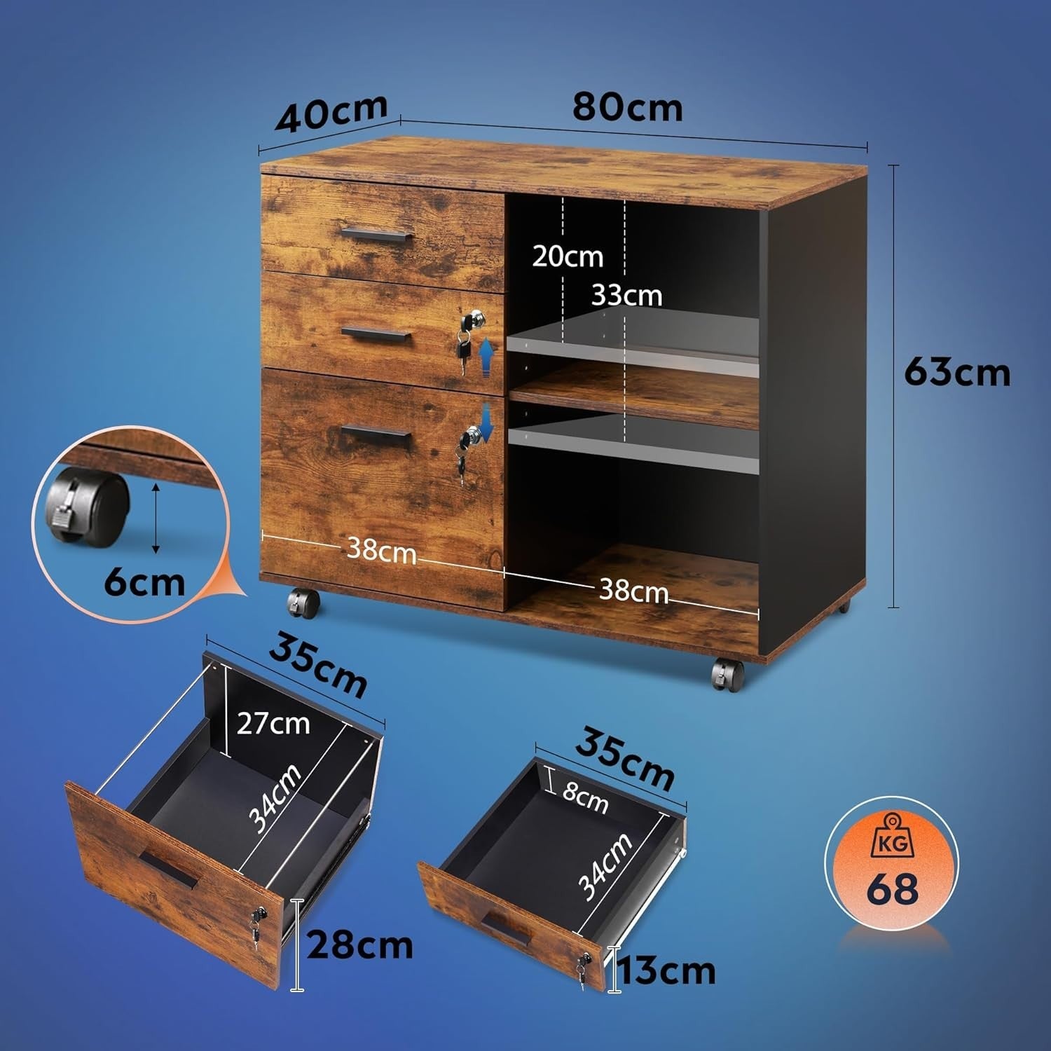 Rustic Brown Mobile File Cabinet 80x40x63cm Lockable Drawers Shelf