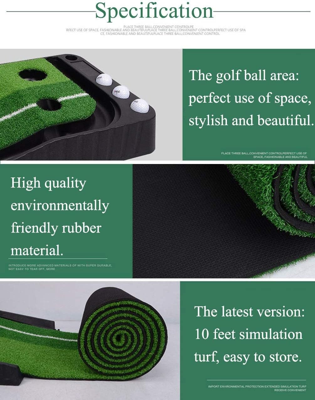 Indoor Golf Putting Mat 10ft Practice Green Ball Return Trainer Home Office