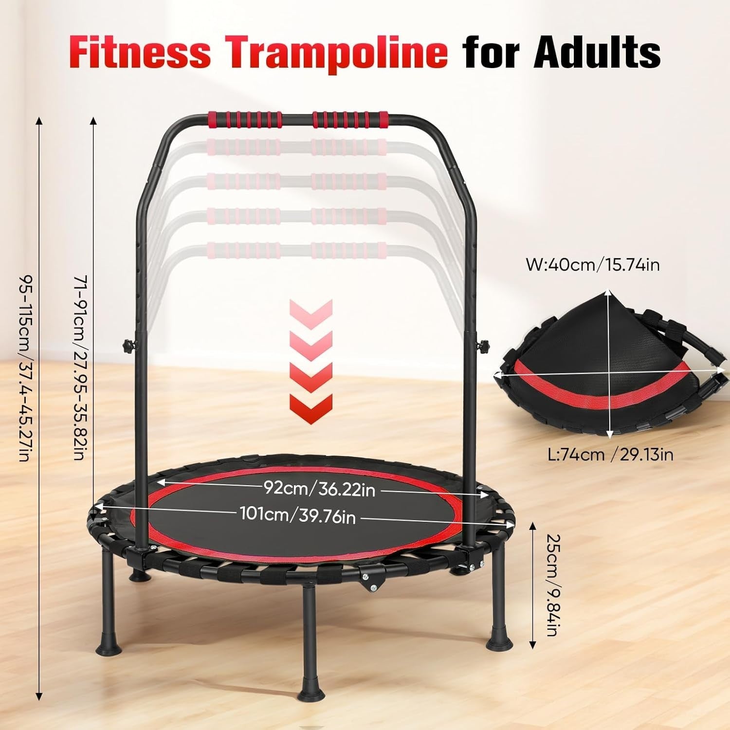 Foldable Fitness Trampoline Indoor w Adjustable Grab Bar Quiet 150kg