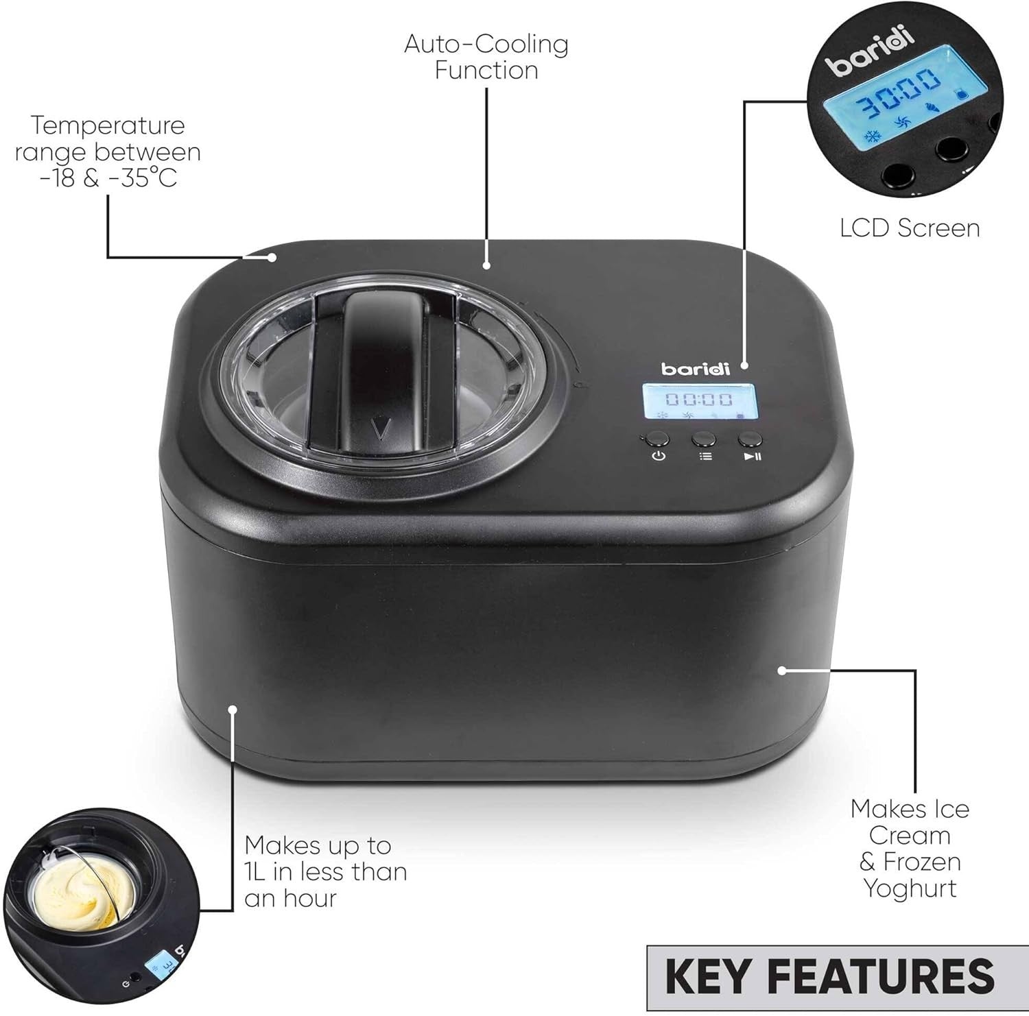 Ice Cream Maker Compressor 1L Fast Freeze Automatic Gelato Machine