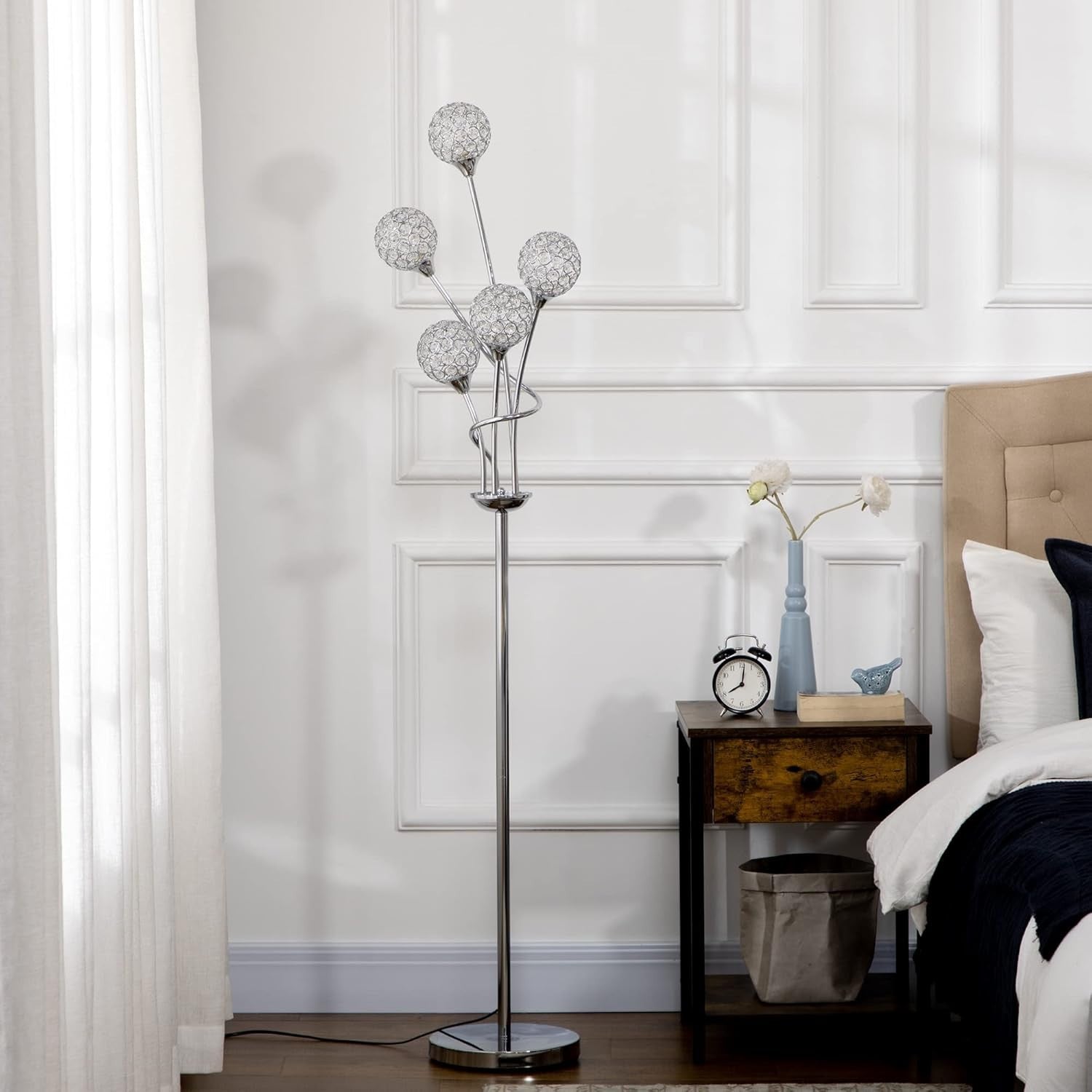Modern 5 Light Floor Lamp Silver Crystal Shades G9 Tall Standing Light