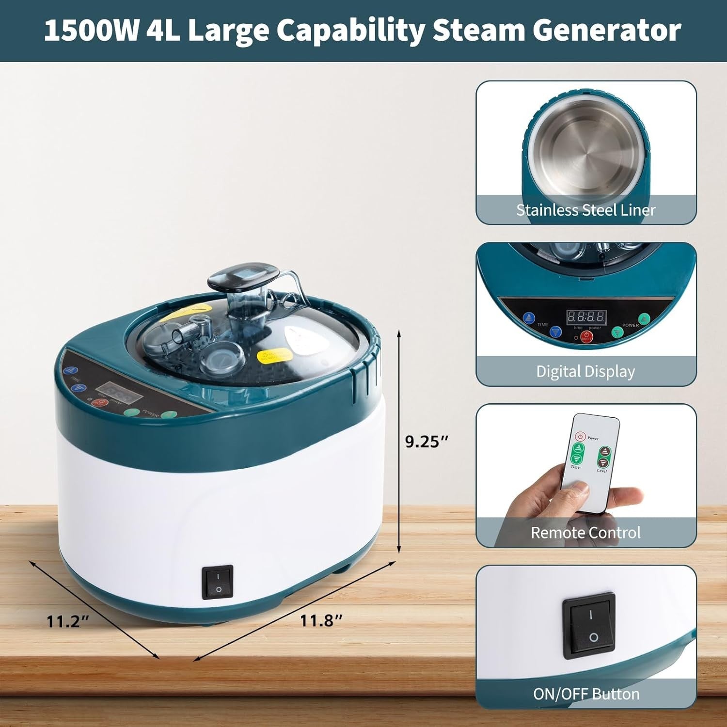4L Sauna Steam Generator 1600W Home Spa Steamer Pot Remote Timer Stainless Steel